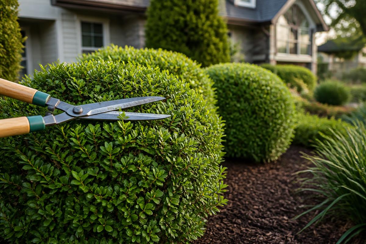 Close-up of hedge shears shaping a green shrub in a residential garden