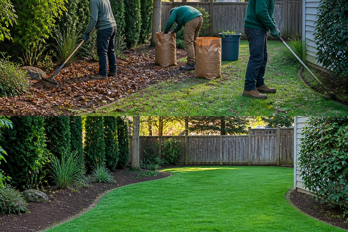 Backyard yard cleanup showing leaf raking and a finished clean lawn